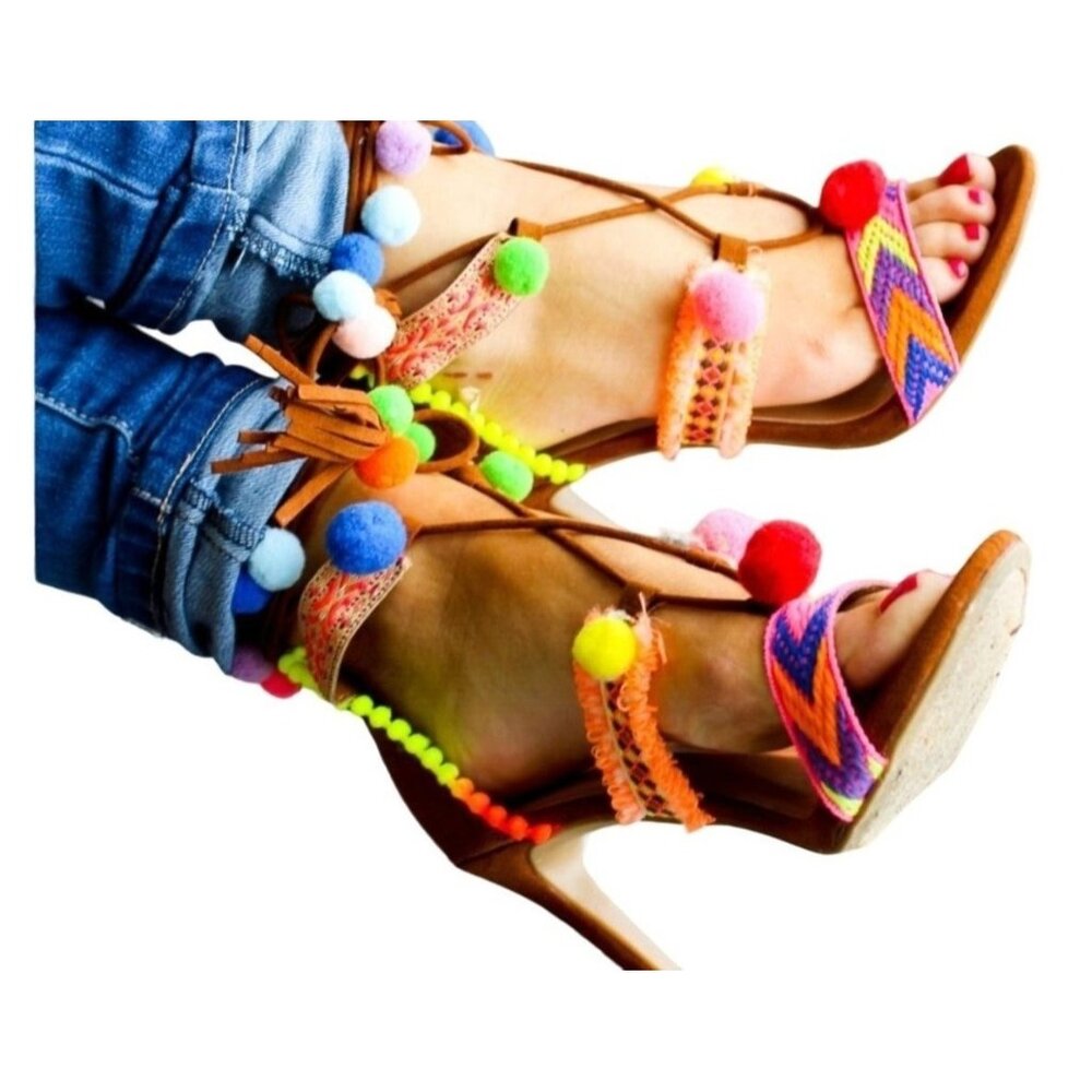 Anne Michelle Colorful Pom Pom Size 9 Embellished Tie-Up Heels